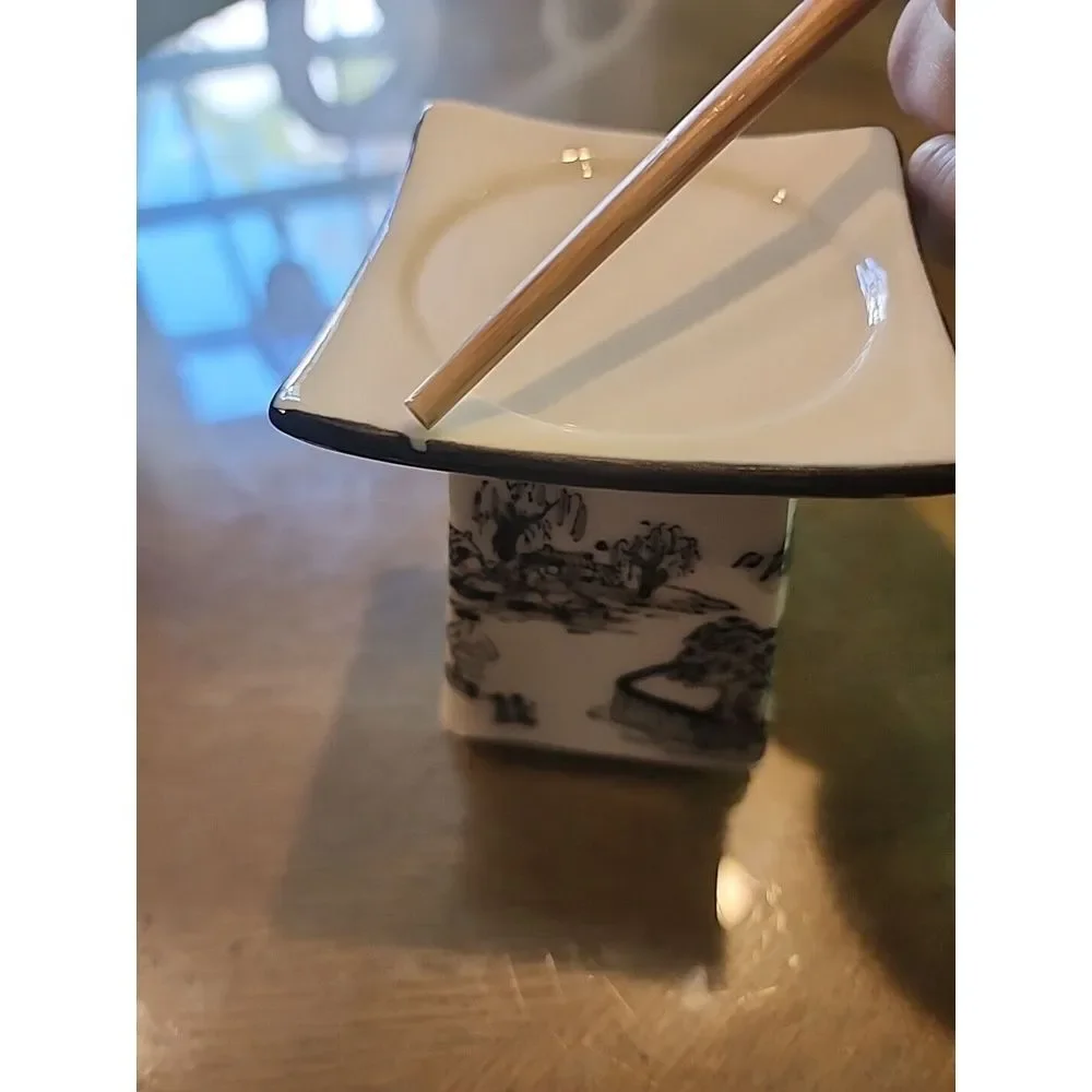 Vintage Asian Village Black Cream Square‎ Transfer Ware Candle Holder Set